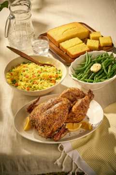 Buffet-style meal with roasted chicken, mixed vegetables, green beans, and sliced bread on a serving table.